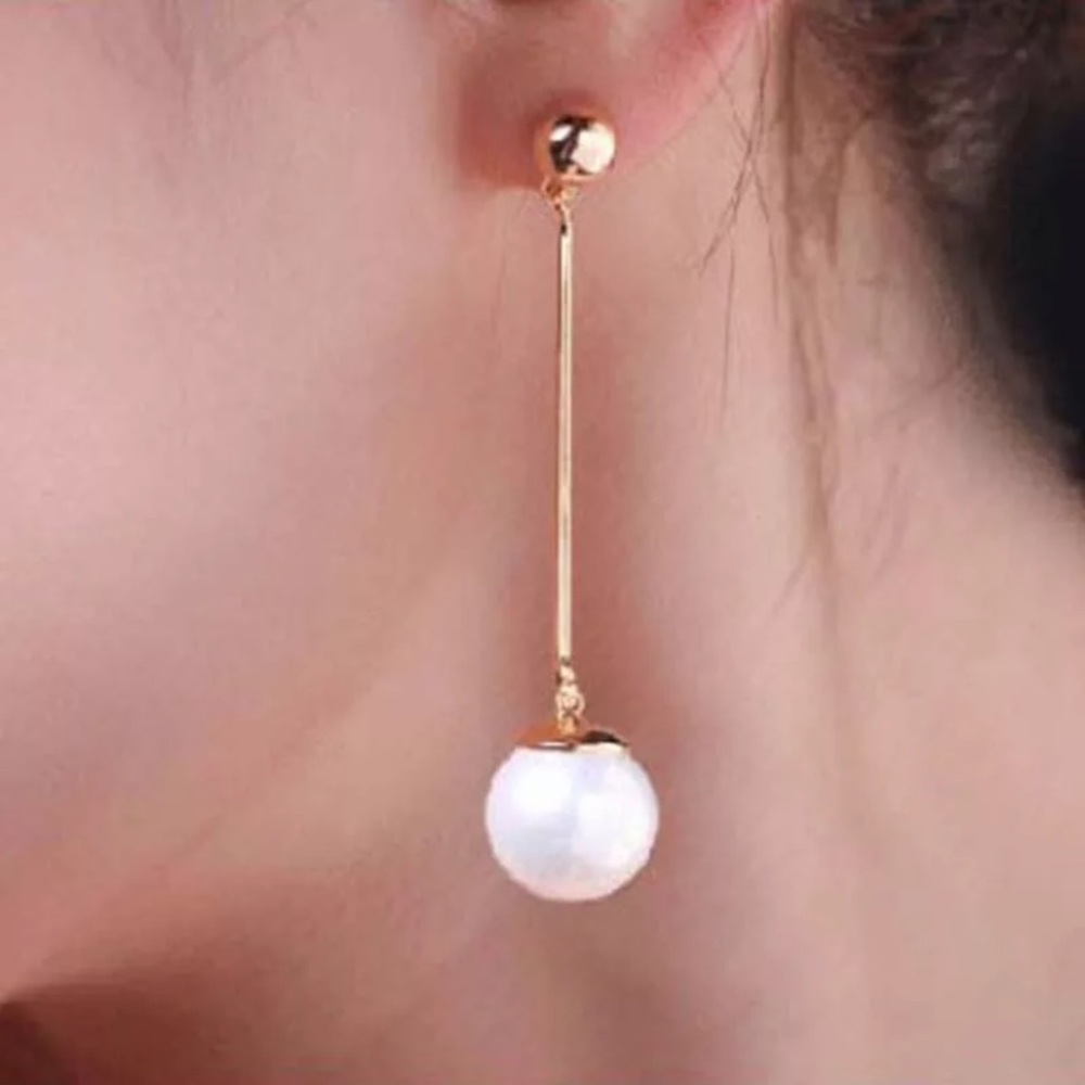 Simulated Pearl Long Tassel Bar Dangle Earrings - Picture 2 of 4